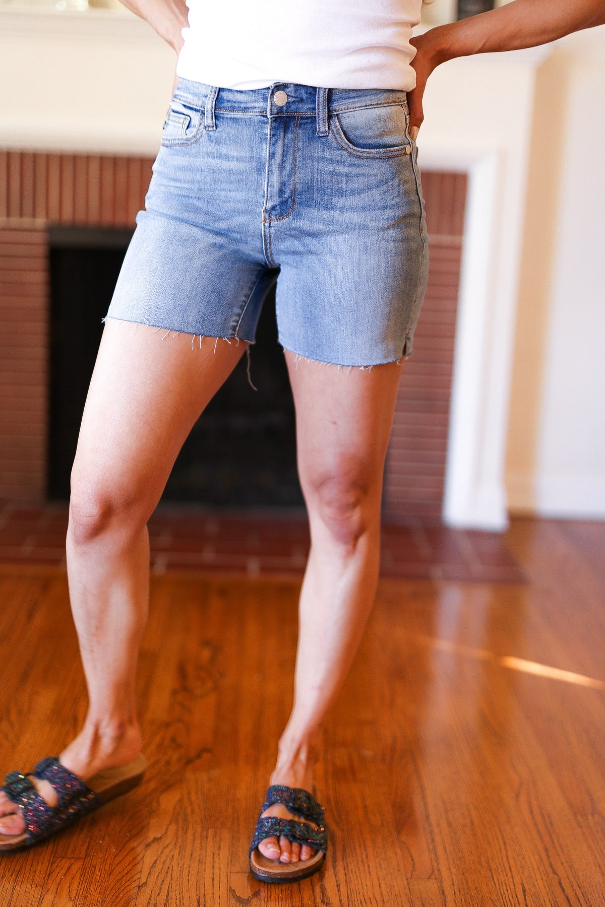 Judy Blue Medium Wash Mid Rise Cut Off Jean Shorts