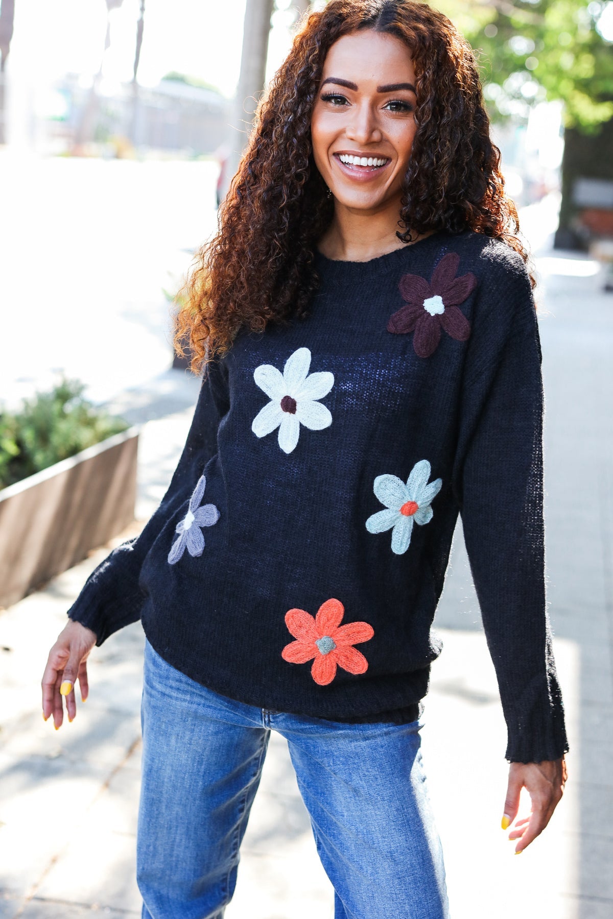 Eyes On You Black Flower Patch Oversized Knit Sweater