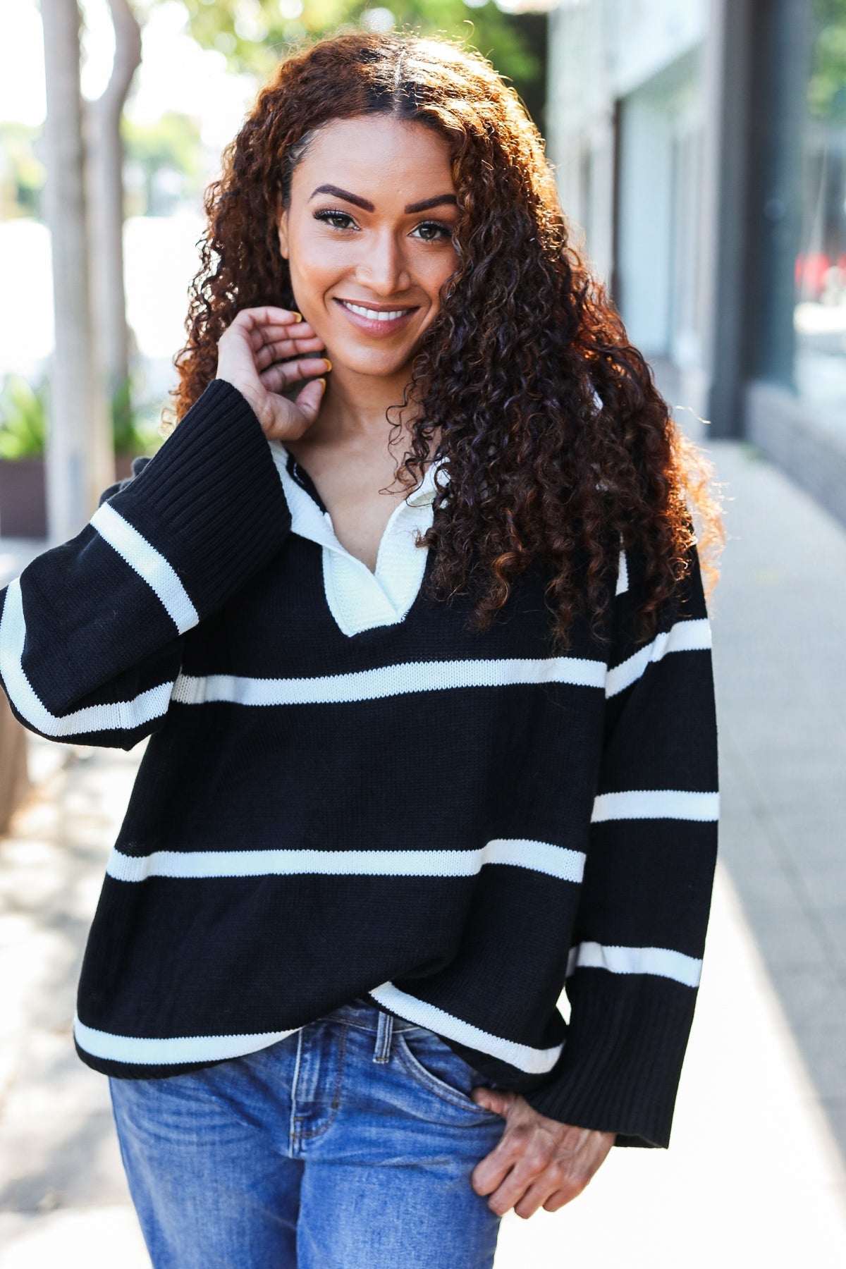 Fall For You Black Stripe Notched Neck Collared Oversized Sweater