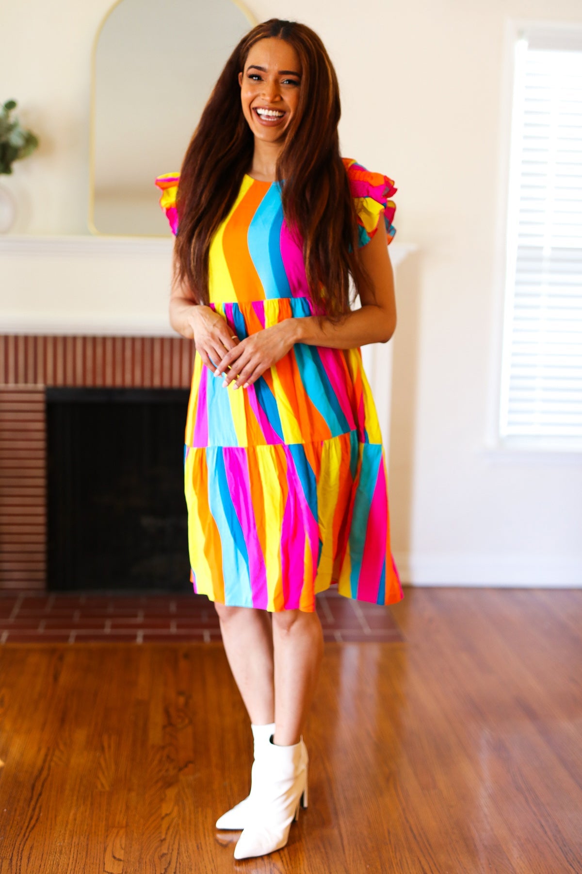 Eyes On You Multicolor Abstract Print Smocked Ruffle Sleeve Dress