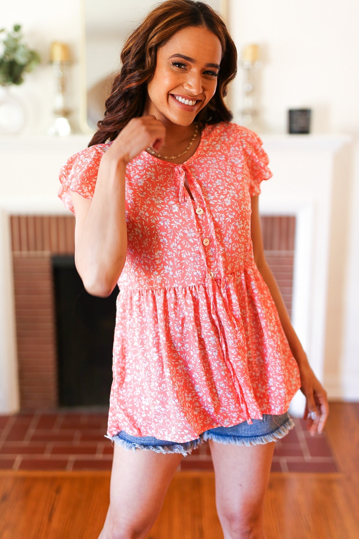 Peach Floral Button Tie Neck Babydoll Top