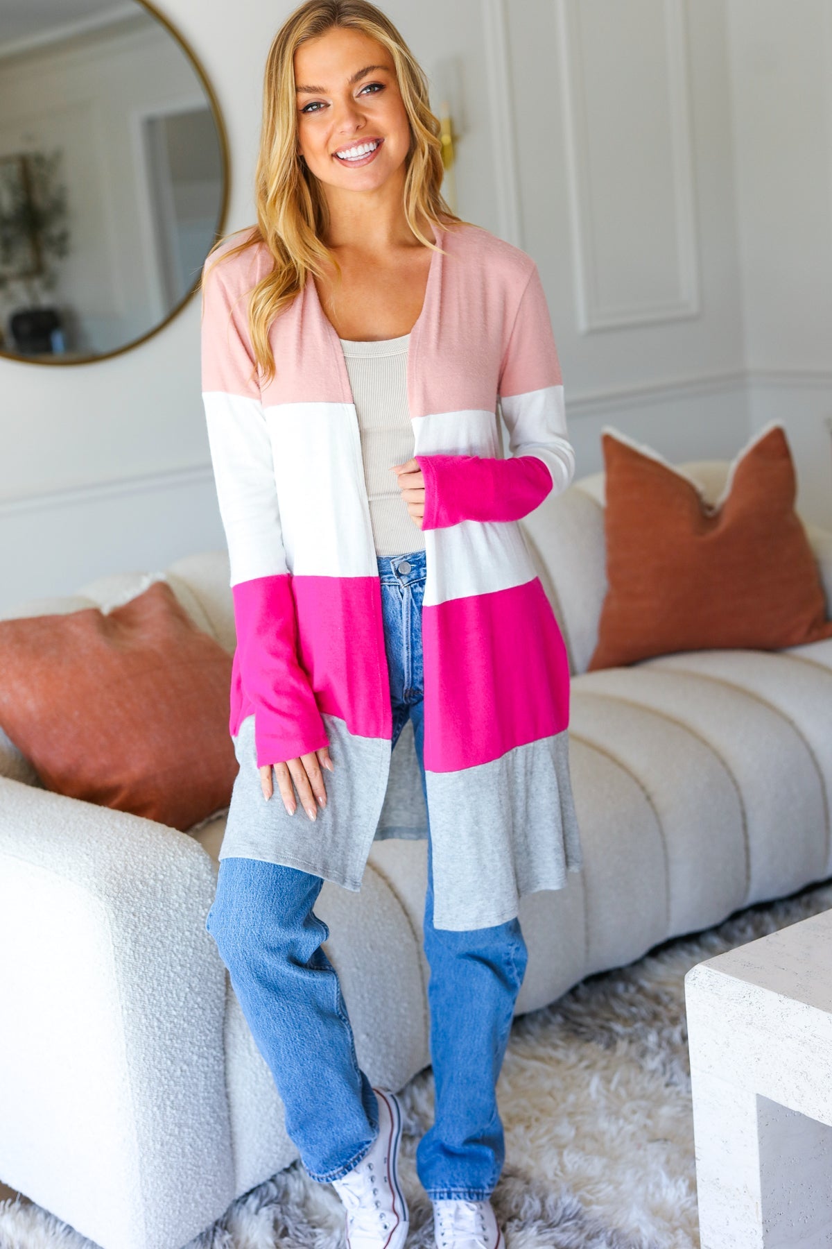 Face The Day Blush Wide Stripe Hacci Colorblock Cardigan