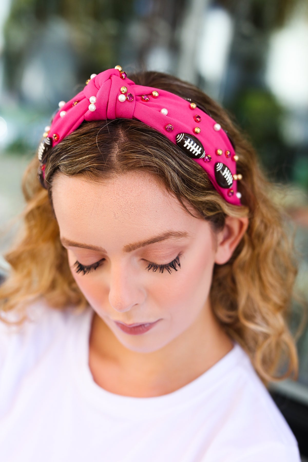 Fuchsia Stone & Gem Football Embellished Top Knot Headband