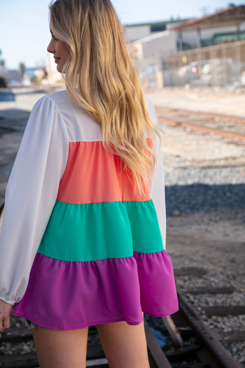 Ivory & Peach Woven Crepe Tiered Blouse