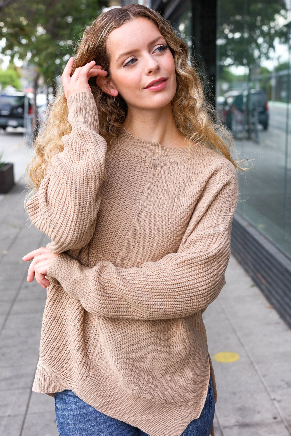 Autumn Vibes Taupe Asymmetrical Knit Sweater