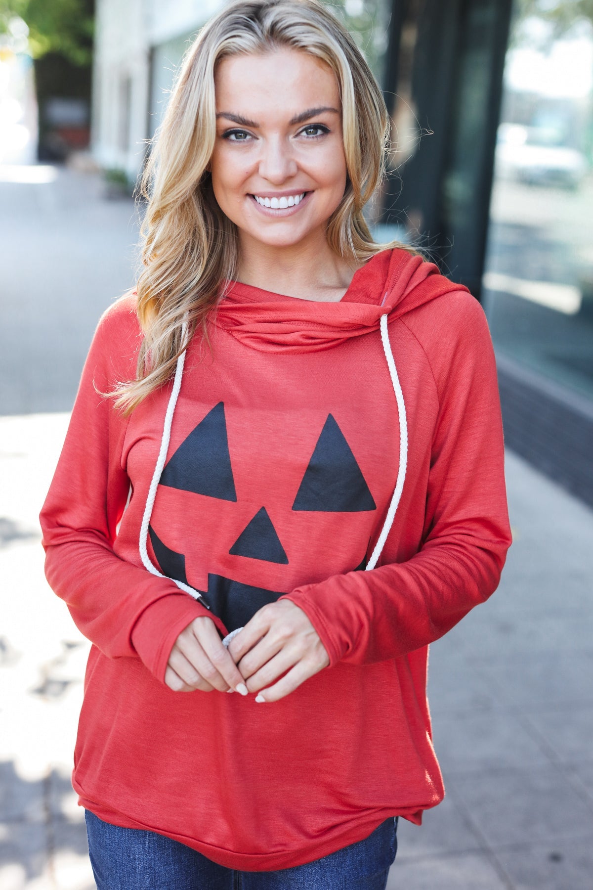 Halloween Jack-O-Lantern Terry Thumb Hole Double Hoodie