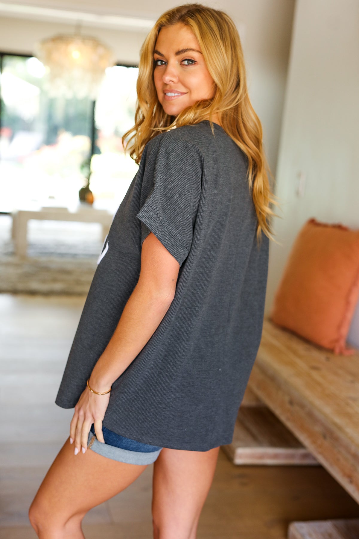 Take A Bow Charcoal "Cool Mom" Embroidery Pop-Up Rib Dolman Top