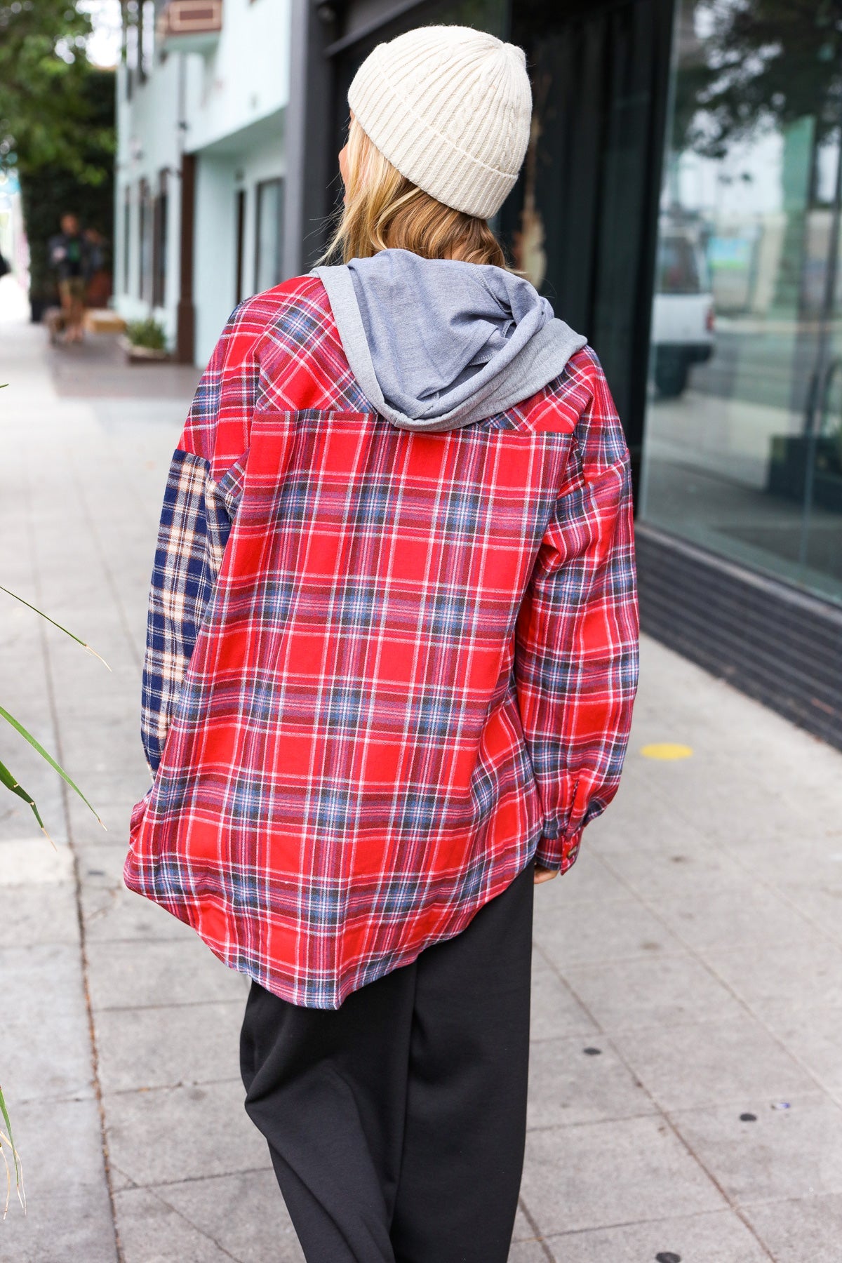 Main Attraction Red & Navy Plaid Color Block Button Down Hoodie