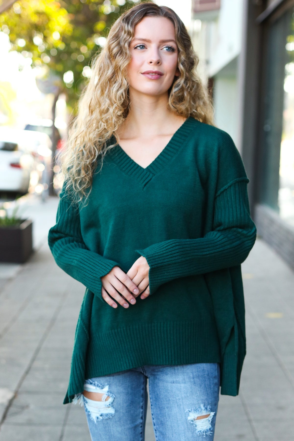 Casual Chic Hunter Green Oversized V Neck Rib Knit Sweater