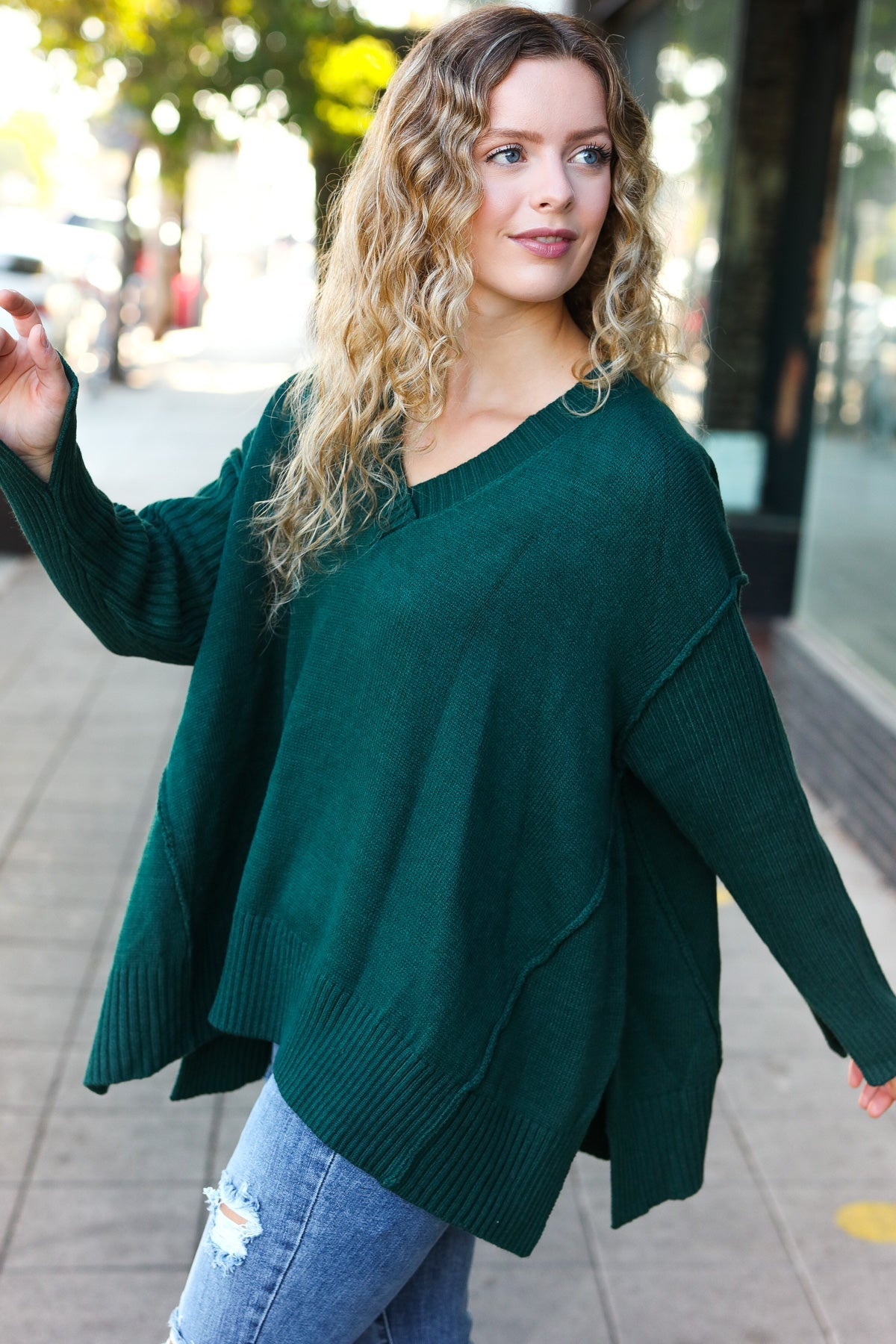 Casual Chic Hunter Green Oversized V Neck Rib Knit Sweater