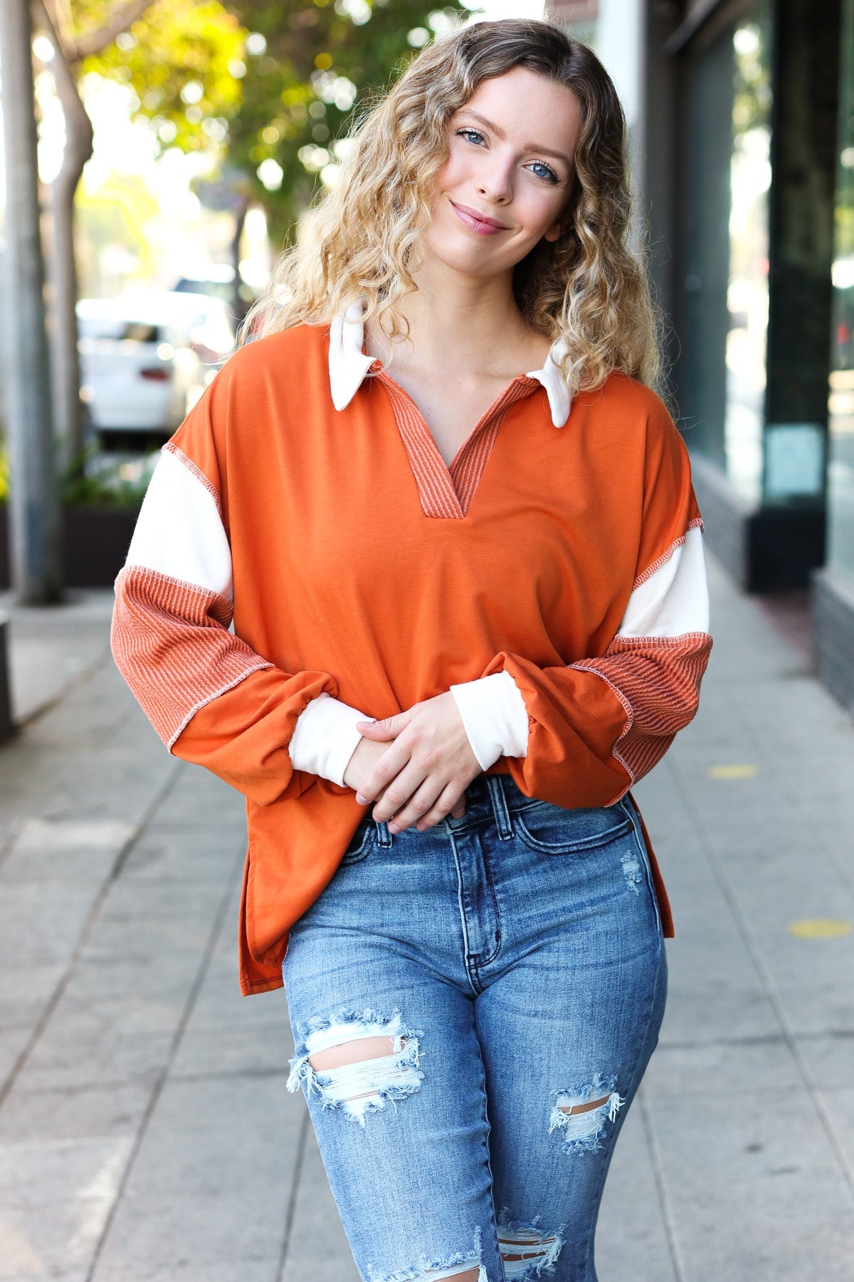 Falling For You Rust Color Block Collared French Terry Top