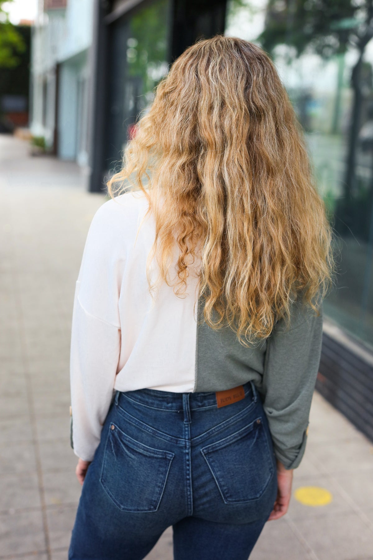 Start Your Day Olive Half & Half Collared Notched Neck Top