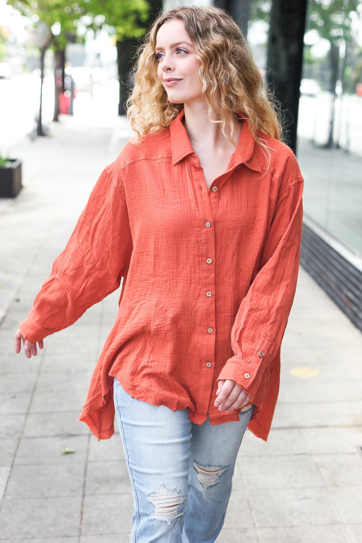 Everyday Rust Button Down Sharkbite Cotton Tunic Top