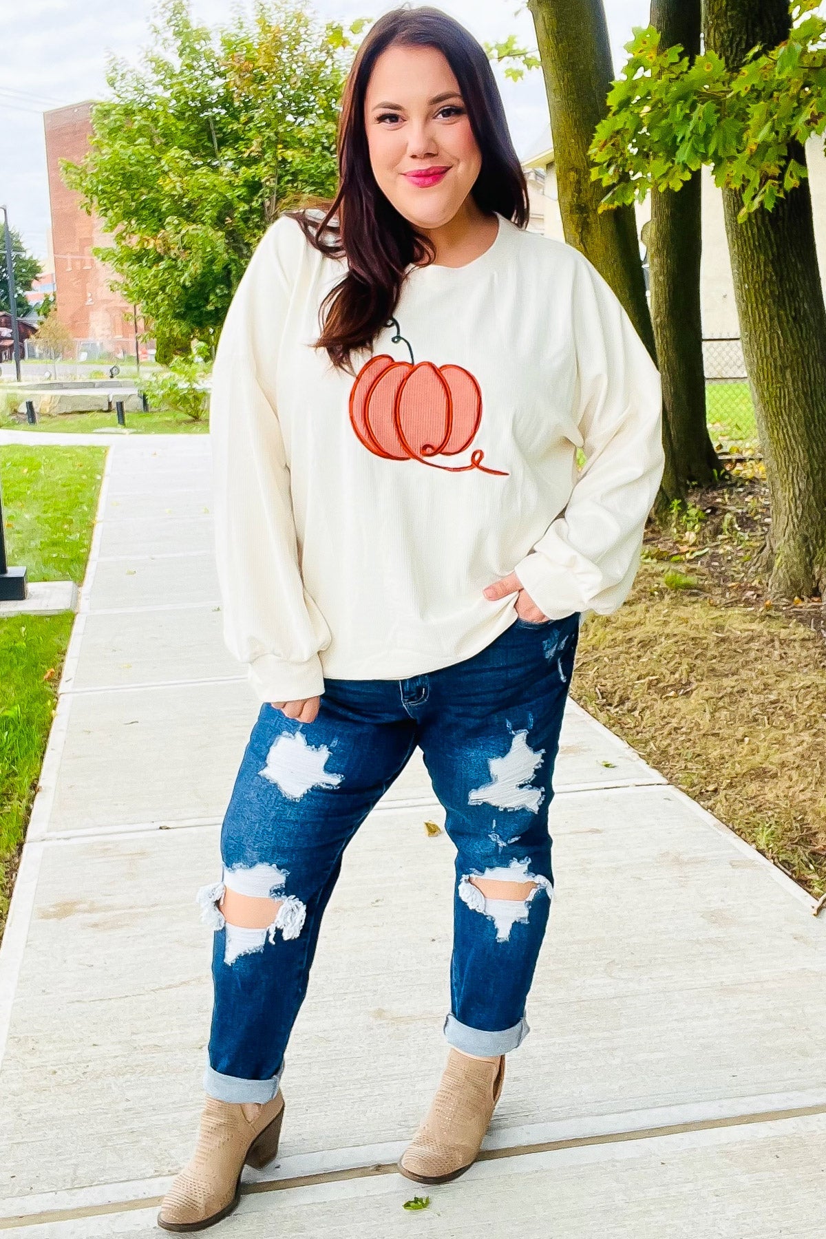 Halloween Lovely Ivory Embroidered Pumpkin Knit Sweater