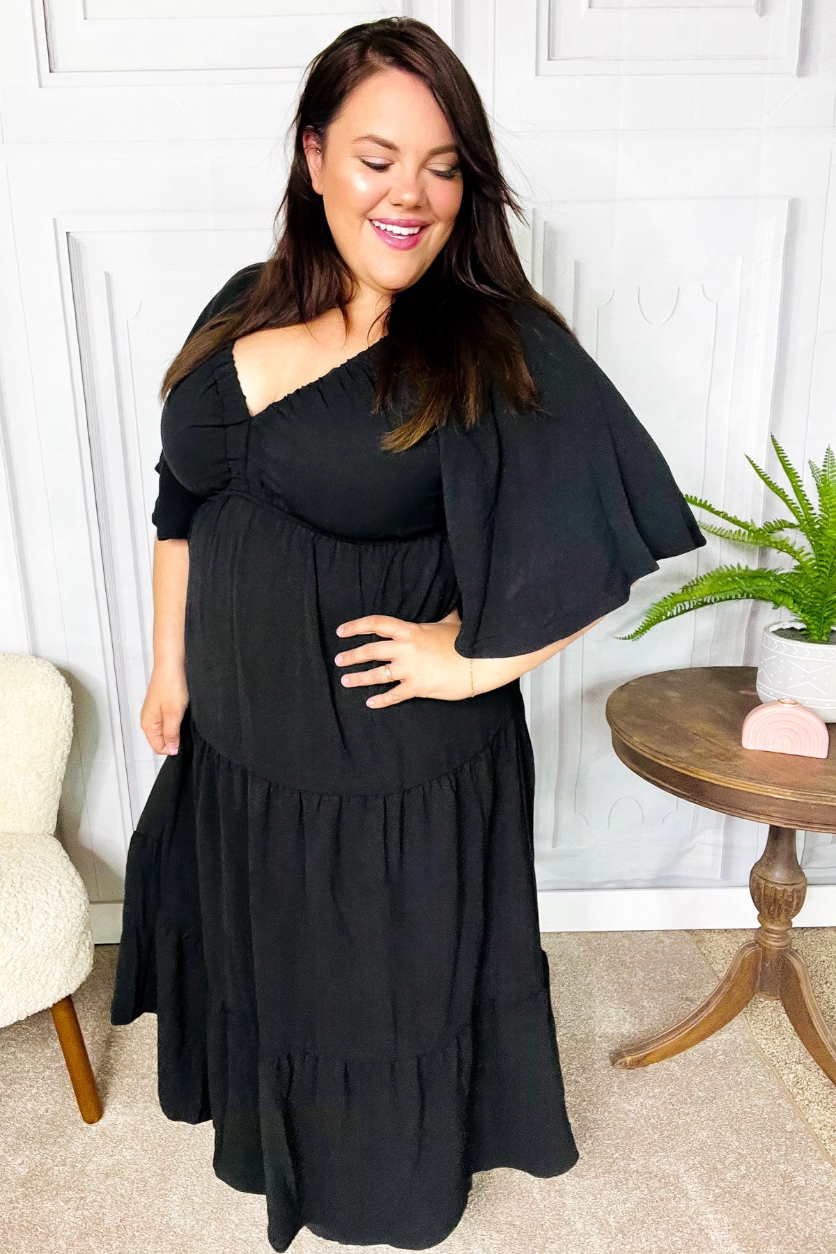 Talk Of The Town Black Elastic V Neck Tiered Maxi Dress