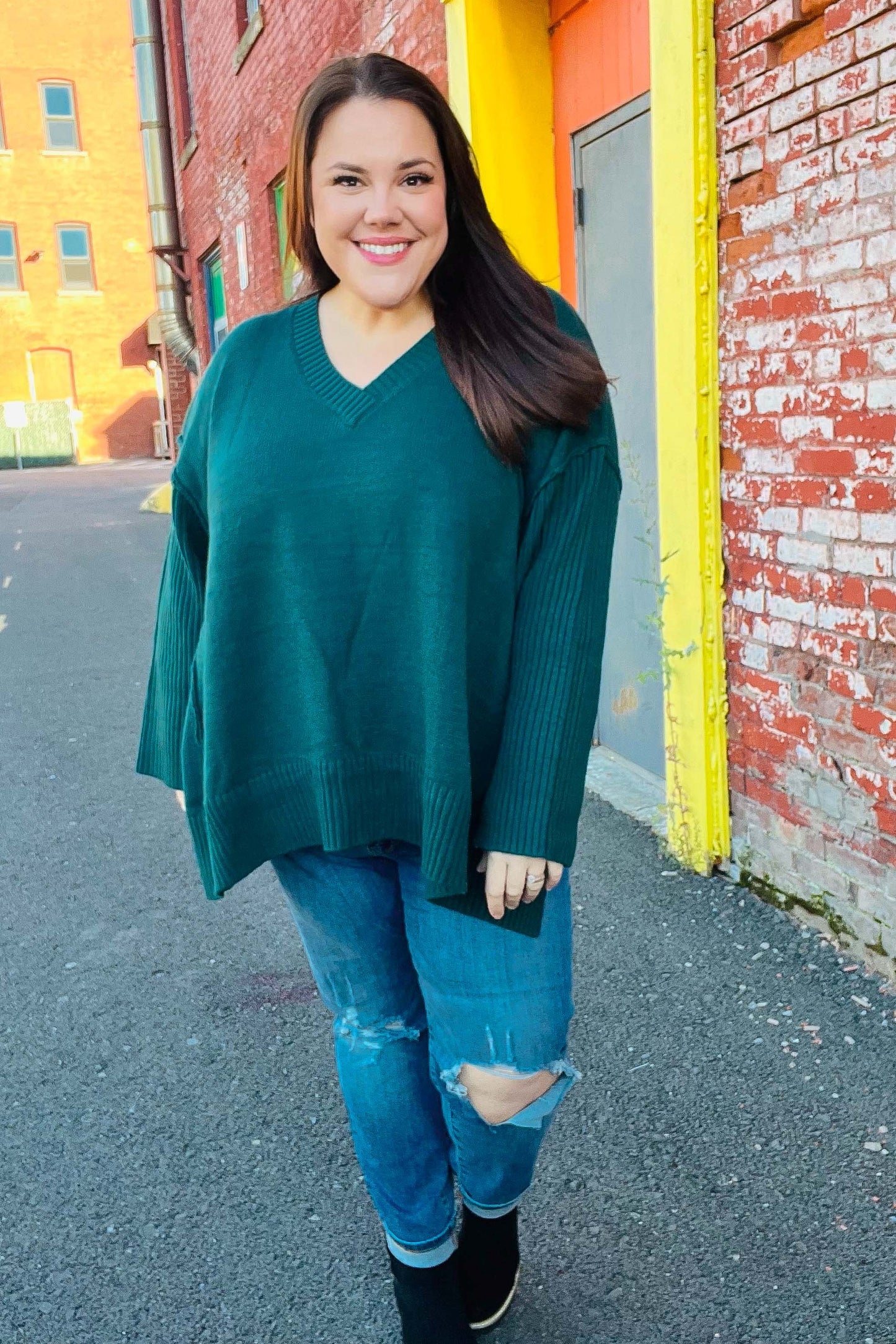 Casual Chic Hunter Green Oversized V Neck Rib Knit Sweater