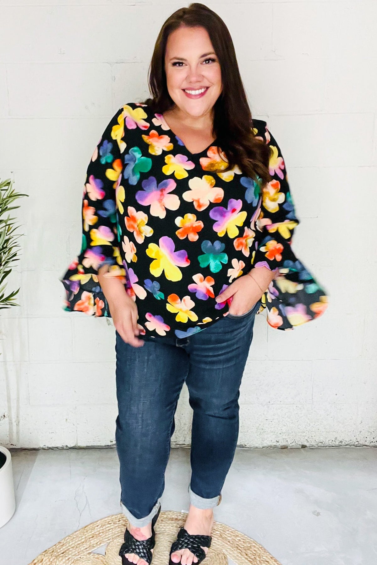 Be Bold Black Floral Hi-Lo Ruffle Sleeve Woven Top