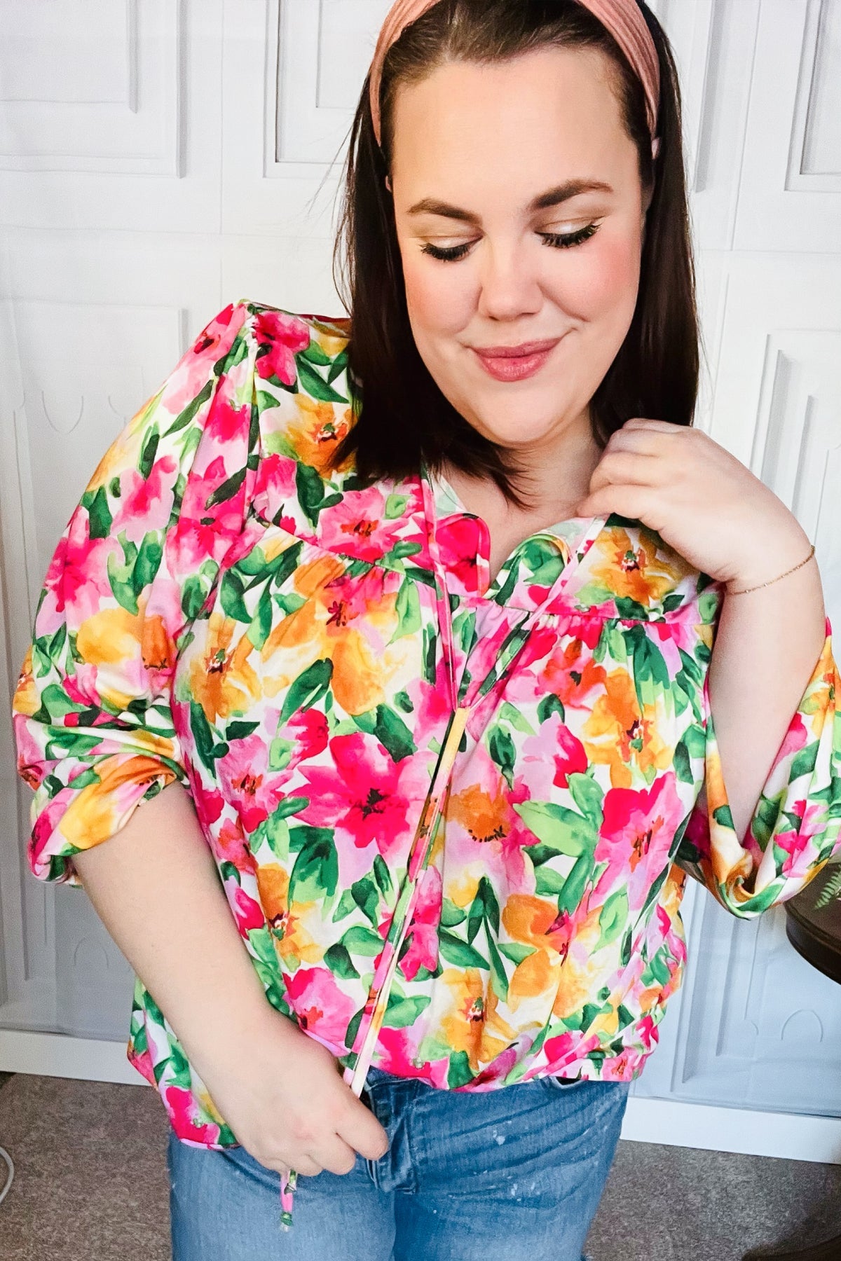 Pretty In Pink Watercolor Floral Yoke Tie Top