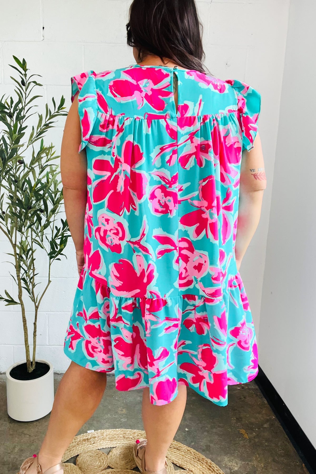 Diva Dreaming Aqua & Fuchsia Floral Print Tiered Ruffle Sleeve Dress