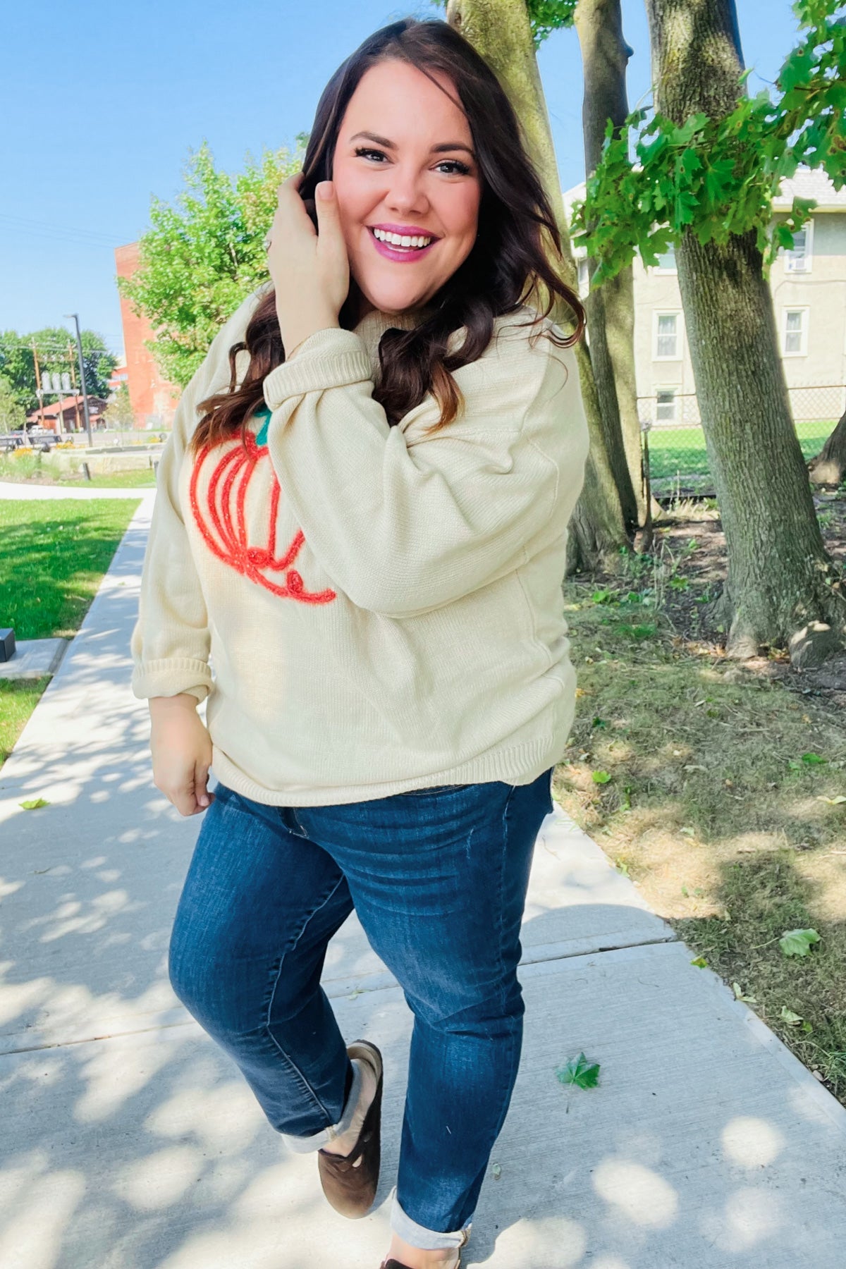 Pumpkin Spice Metallic Yarn Embroidered Oversized Sweater