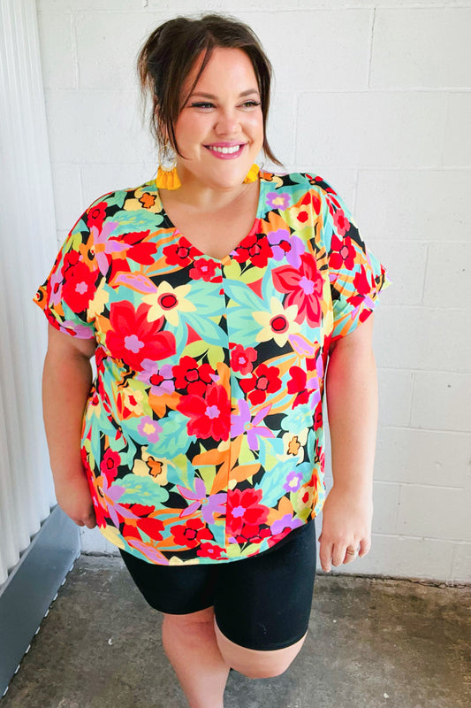 Multicolor Tropical Floral V Neck Drop Shoulder Top