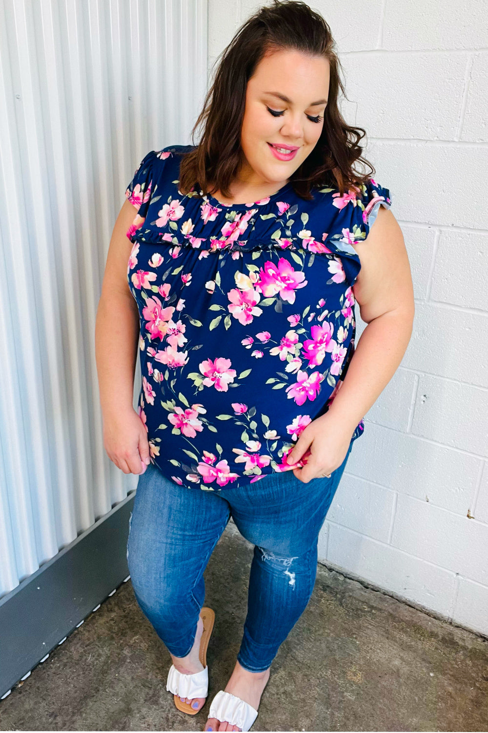 Navy & Pink Floral Print Frilled Short Sleeve Yoke Top